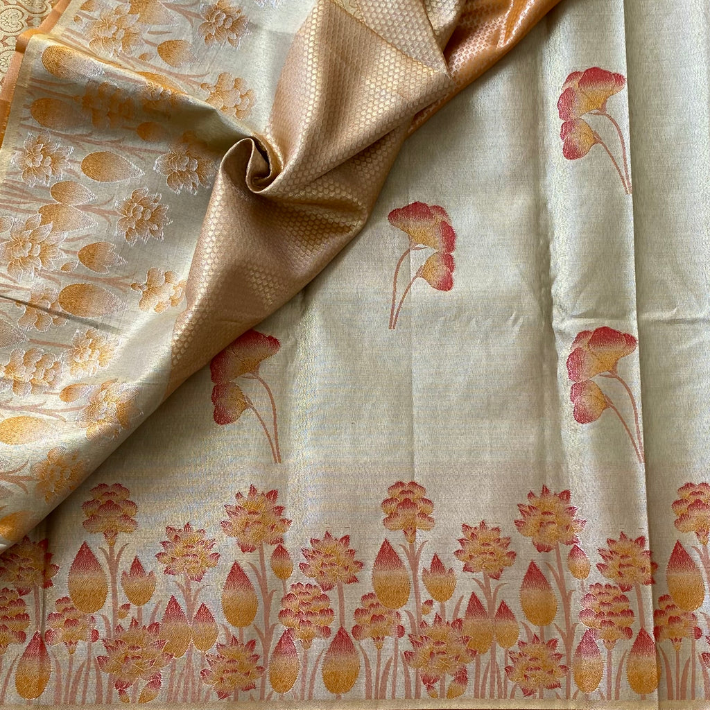 Pale Gold Banarasi Brocade Saree with Dusty Rose Floral Border
