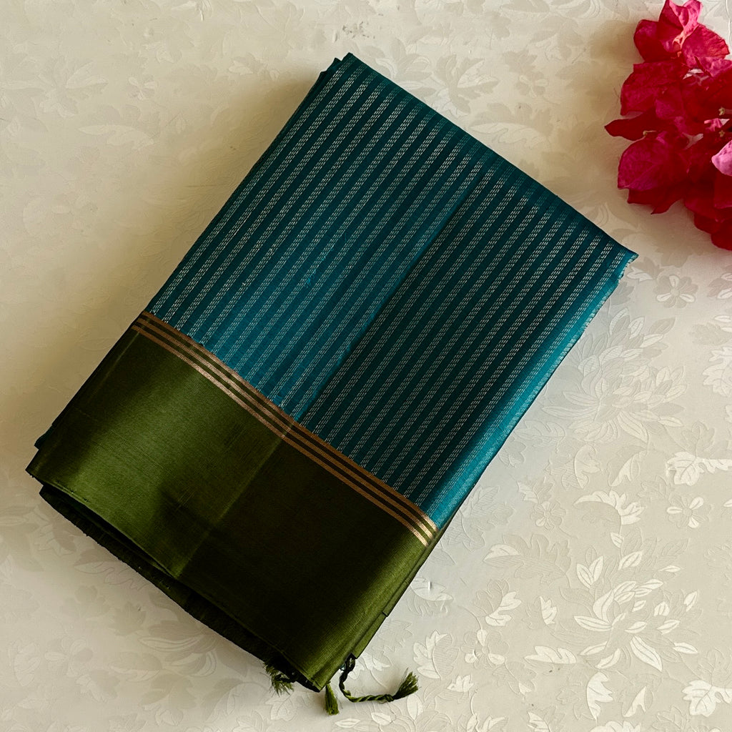 Olive Green Designer Pure Silk Saree With Teal Blue Pallu