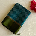 Olive Green Designer Pure Silk Saree With Teal Blue Pallu