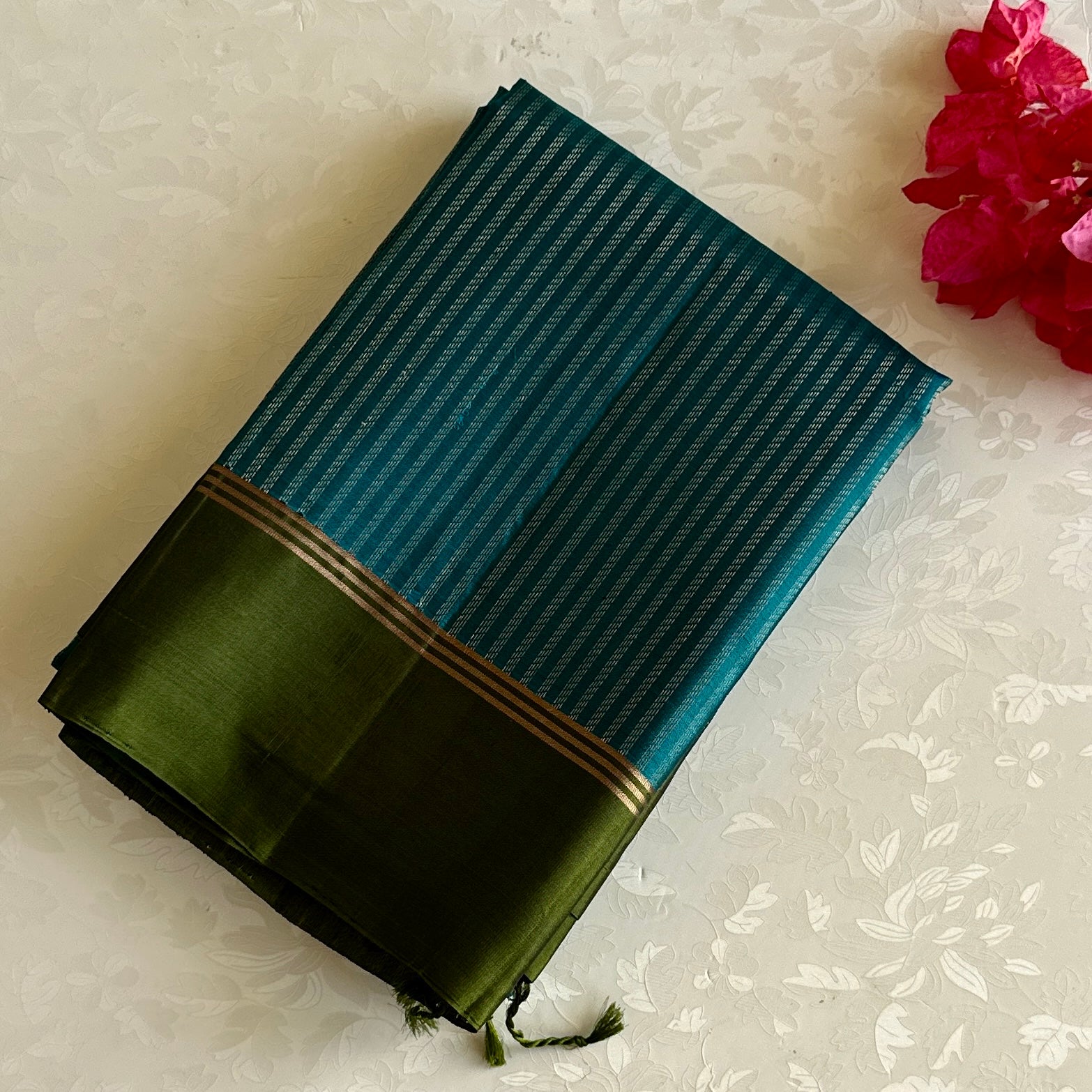 Olive Green Designer Pure Silk Saree With Teal Blue Pallu