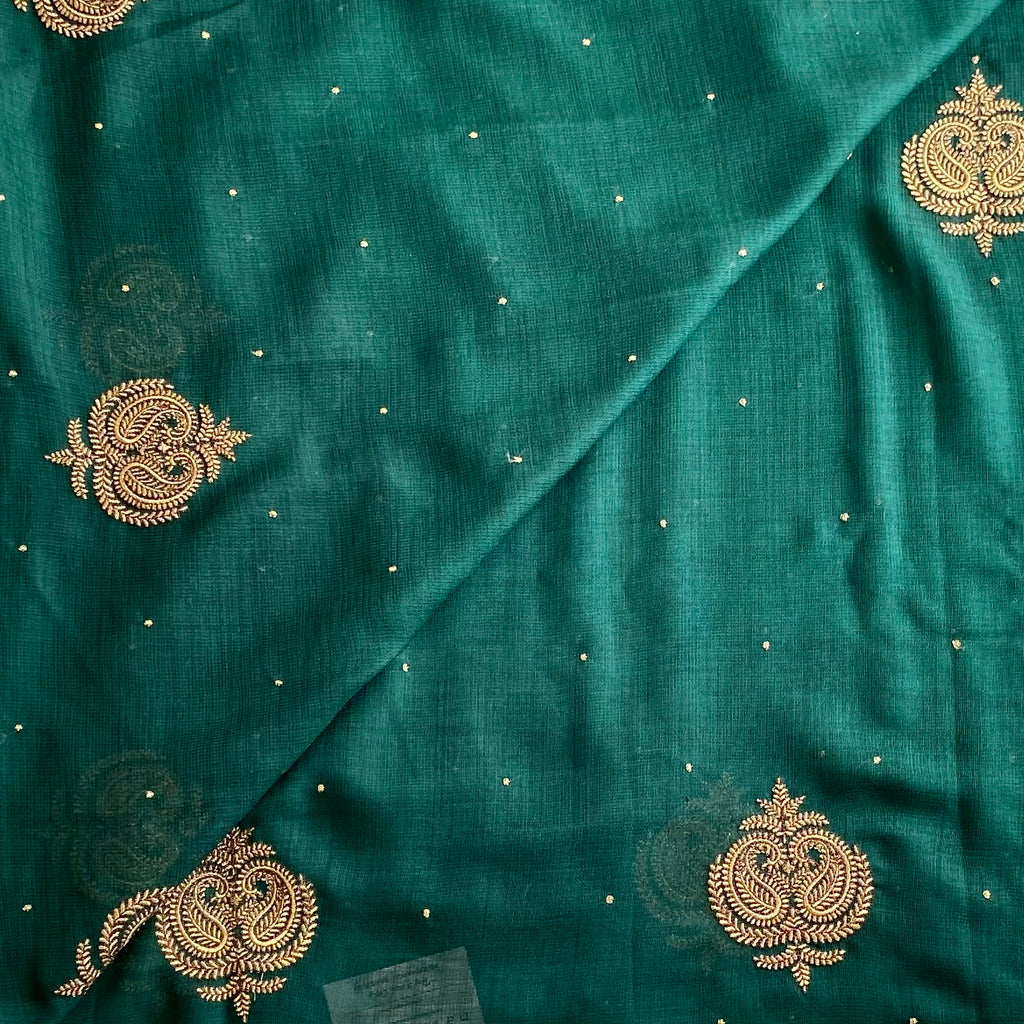 Emerald Green Soft Jute Tussar Saree With Metallic Gold Butis