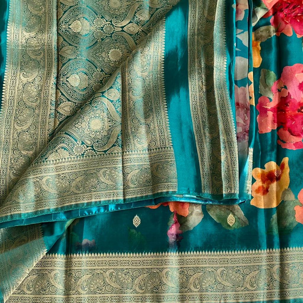 Teal Blue Soft Jute Silk Saree With Rani Pink Floral Pallu