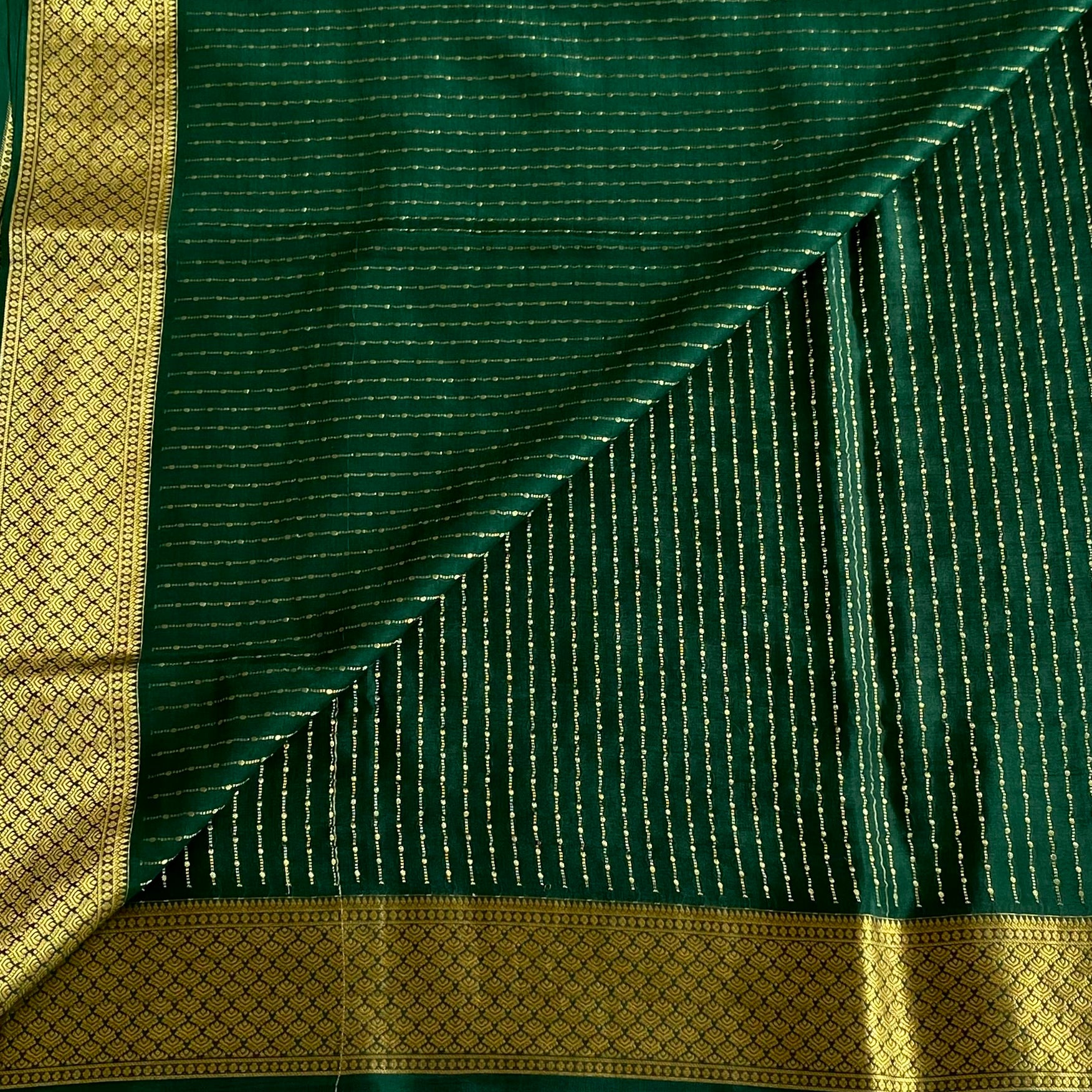 Emerald Green Mysore Crepe Silk Saree With Antique Gold Border
