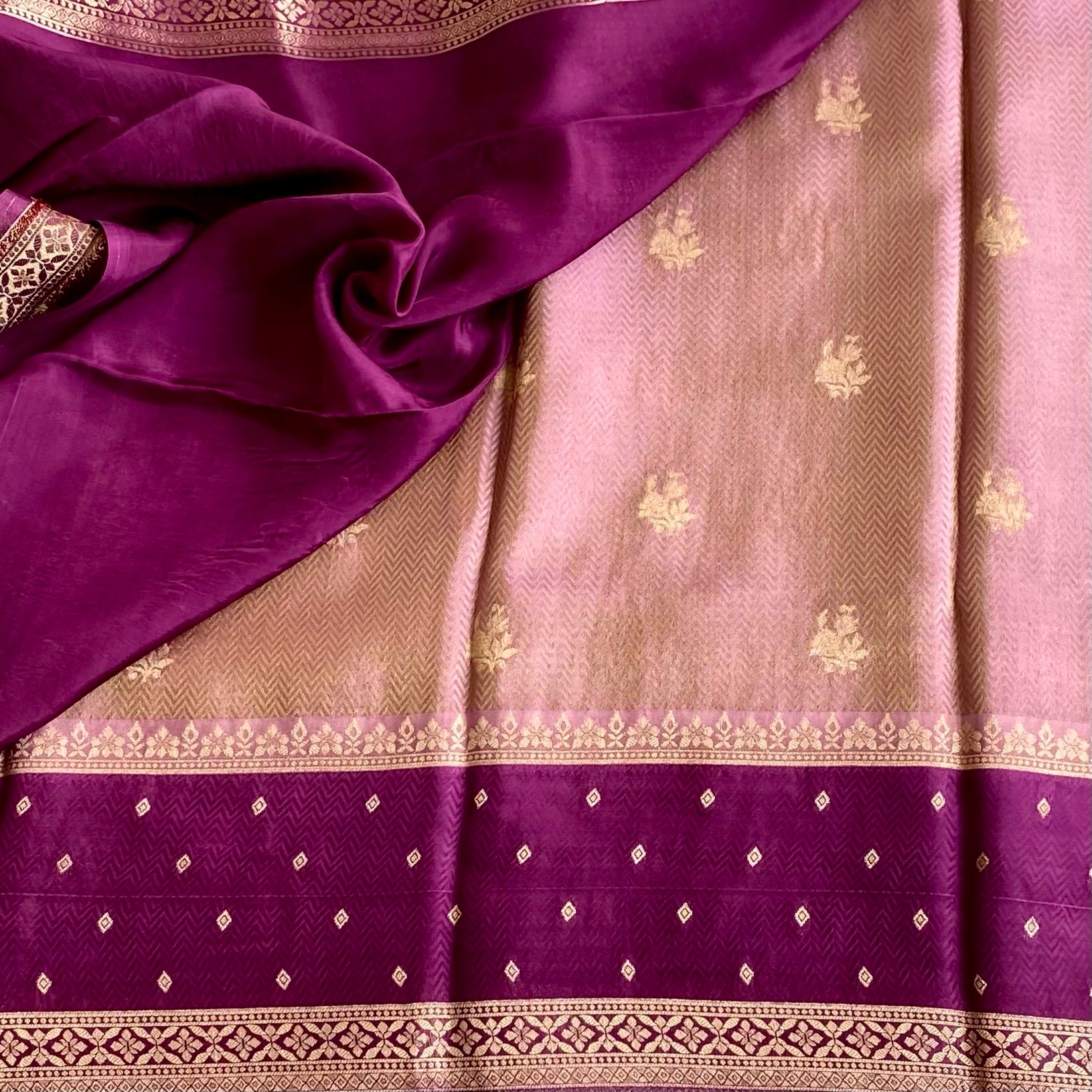 Blush Pink Soft Crepe Silk Saree With Rich Magenta Pallu Gold Zari