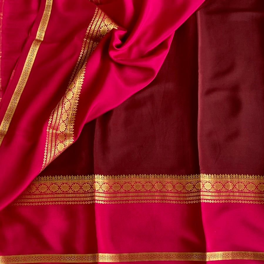Deep Wine Chocolate Mysore Crepe Silk Saree With Rani Pink Pallu