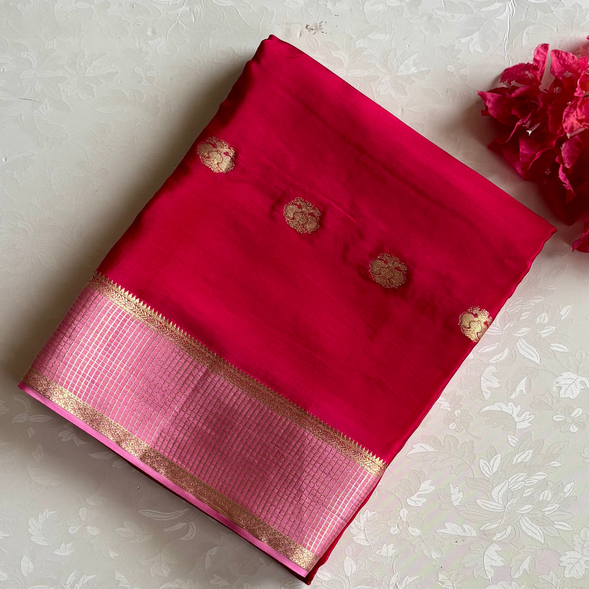 Cherry Red Soft Crepe Silk Saree With Light Pink Pallu