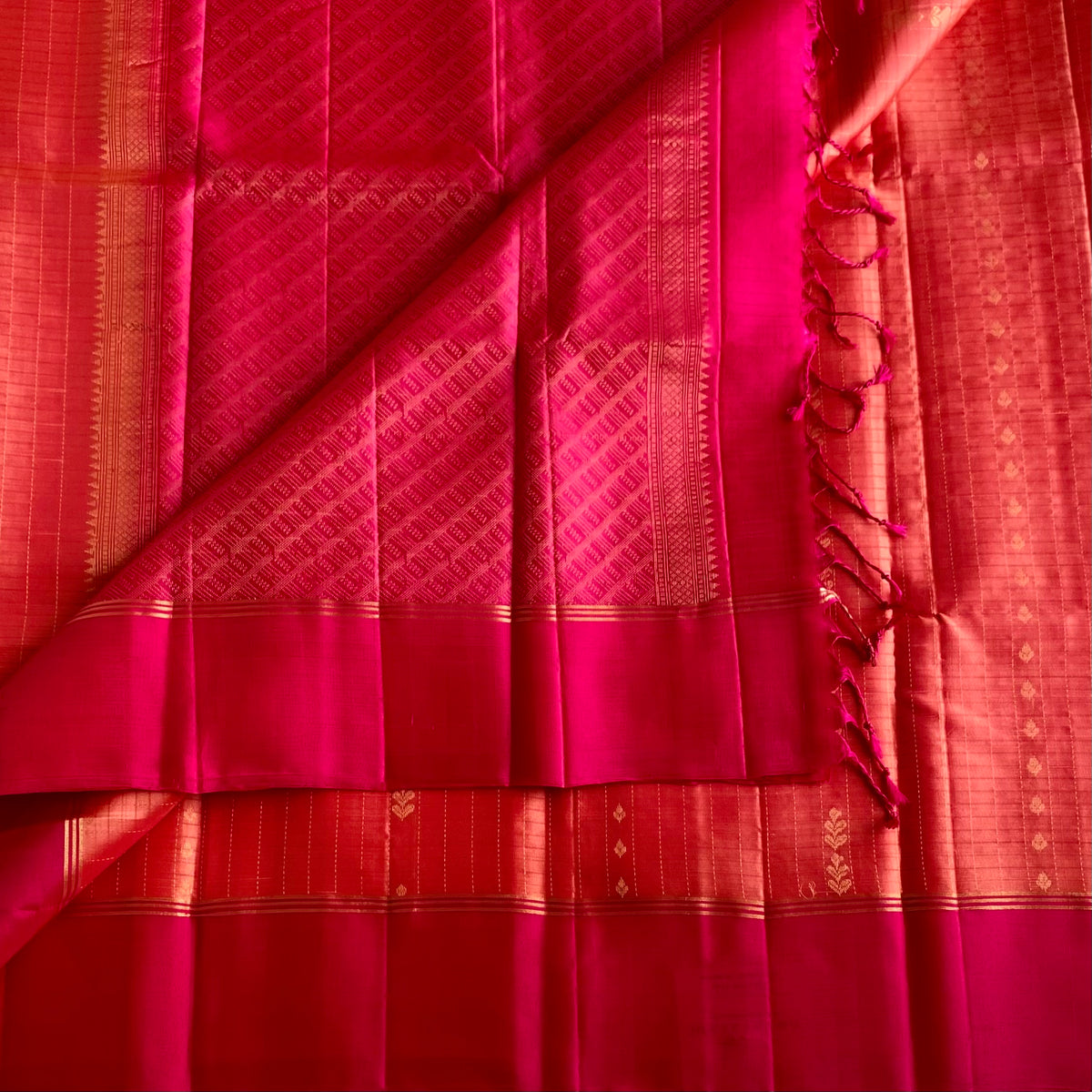 Designer Pure Silk Saree With Coral Peach & Rani Pink Combination