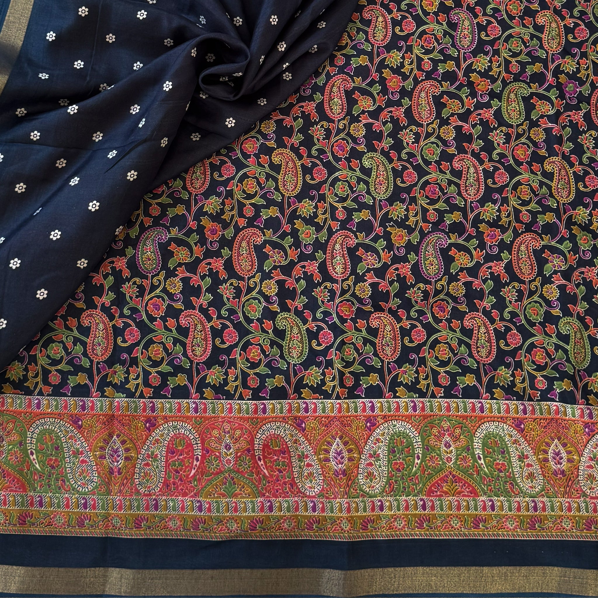 Midnight Blue Paisley Floral Silk Saree with Gold Zari Border