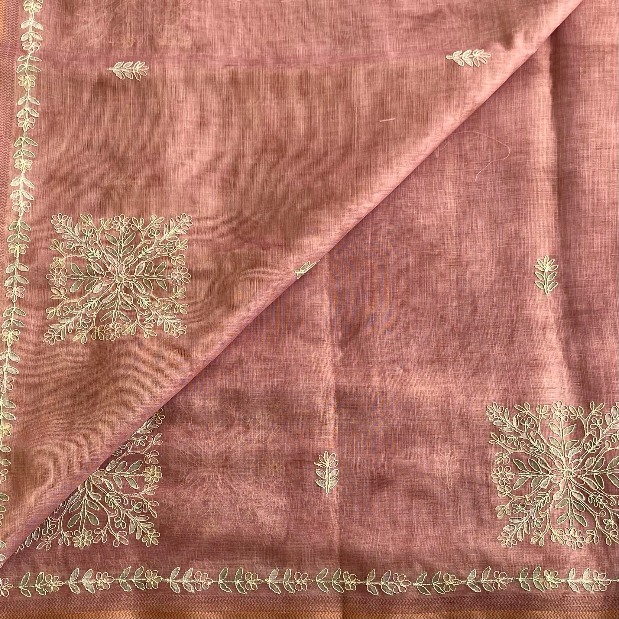 Dusty Rose Soft Tussar Silk Saree With Pale Gold Embroidery