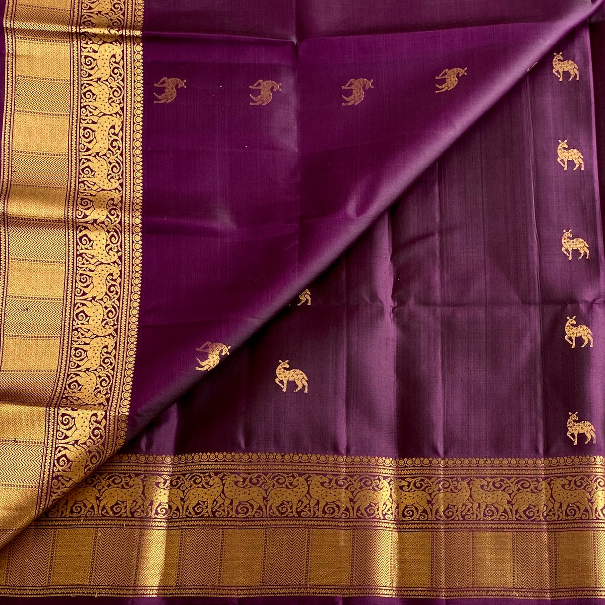 Deep Wine Purple Designer Pure Silk Saree With Antique Gold Zari Motifs