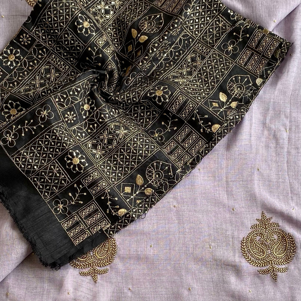 Lilac Soft Jute Tussar Saree With Jet Black Blouse And Gold Motifs