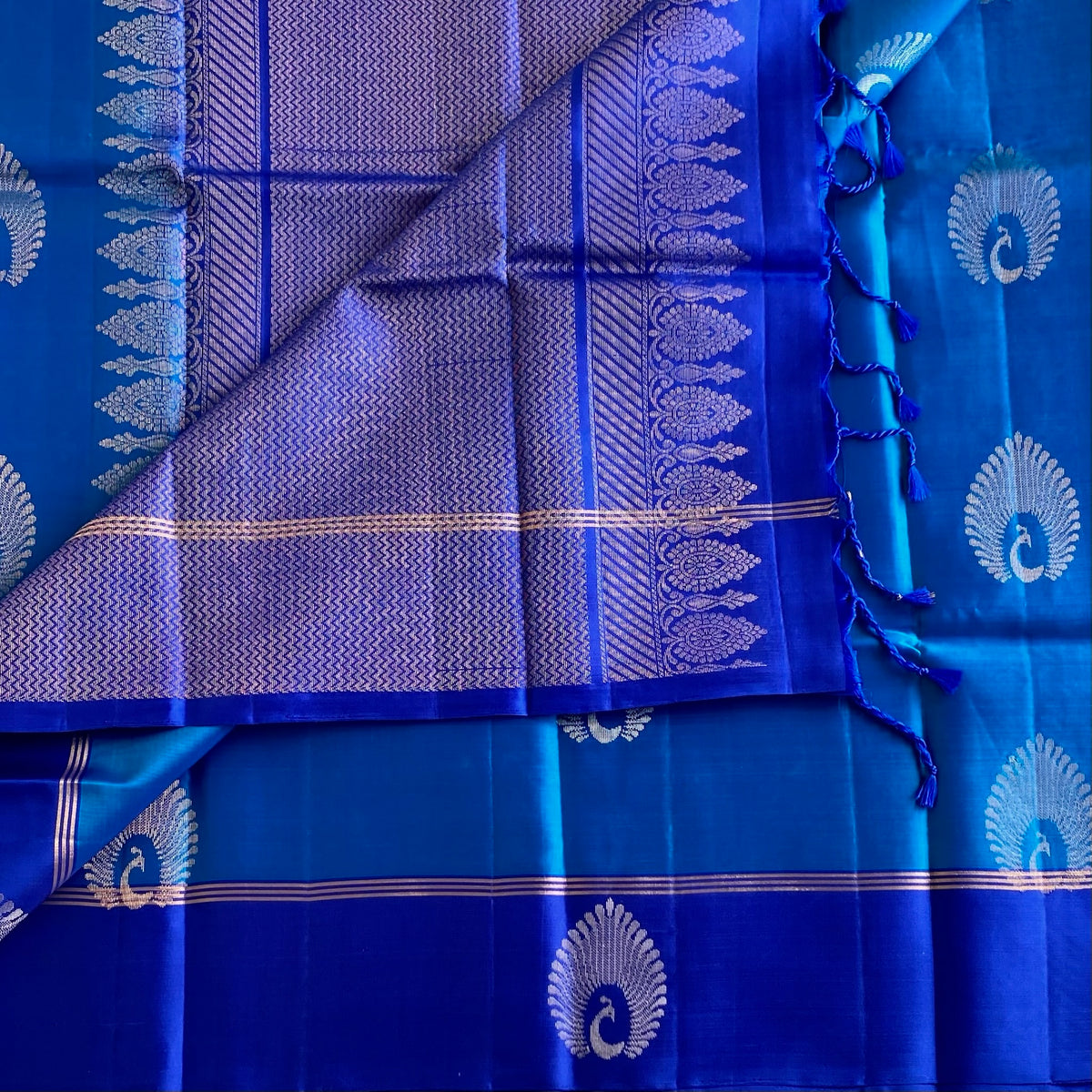 Deep Sky Designer Pure Silk With Royal Pallu & Peacock Buttas