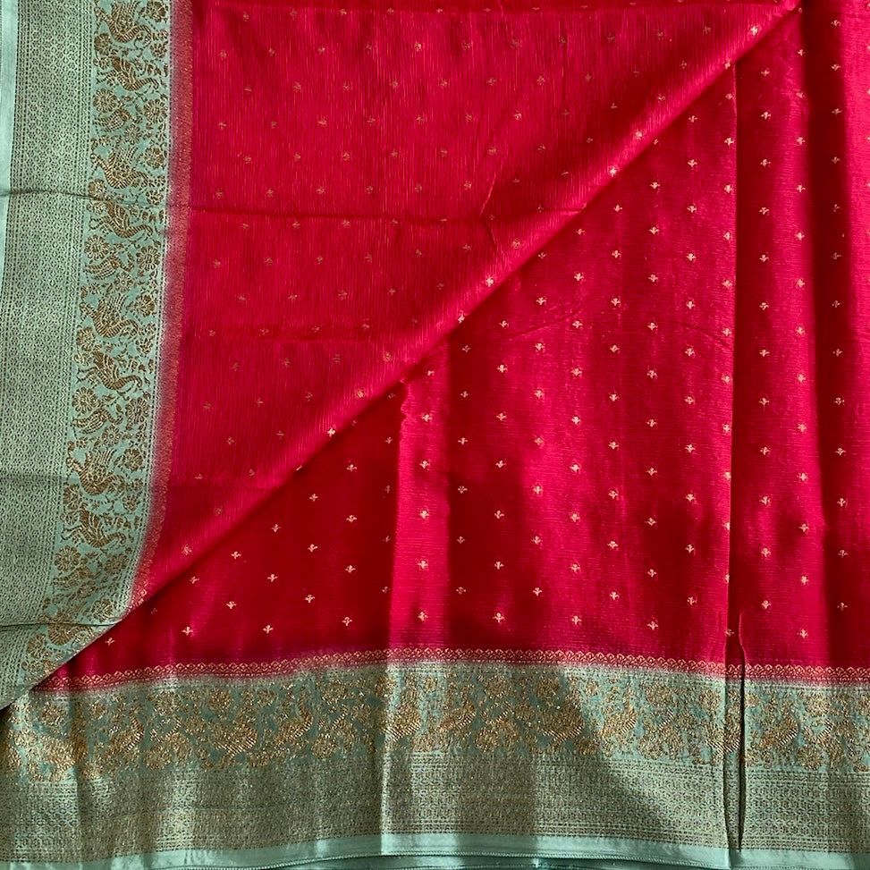 Rani Pink Soft Tussar Silk Saree With Aqua Green Pallu