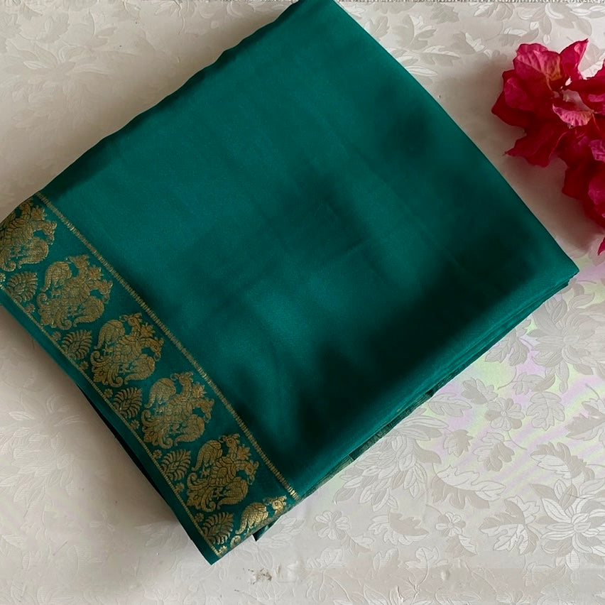 Teal Green With GandaBerunda Borders Pure Mysore Silk