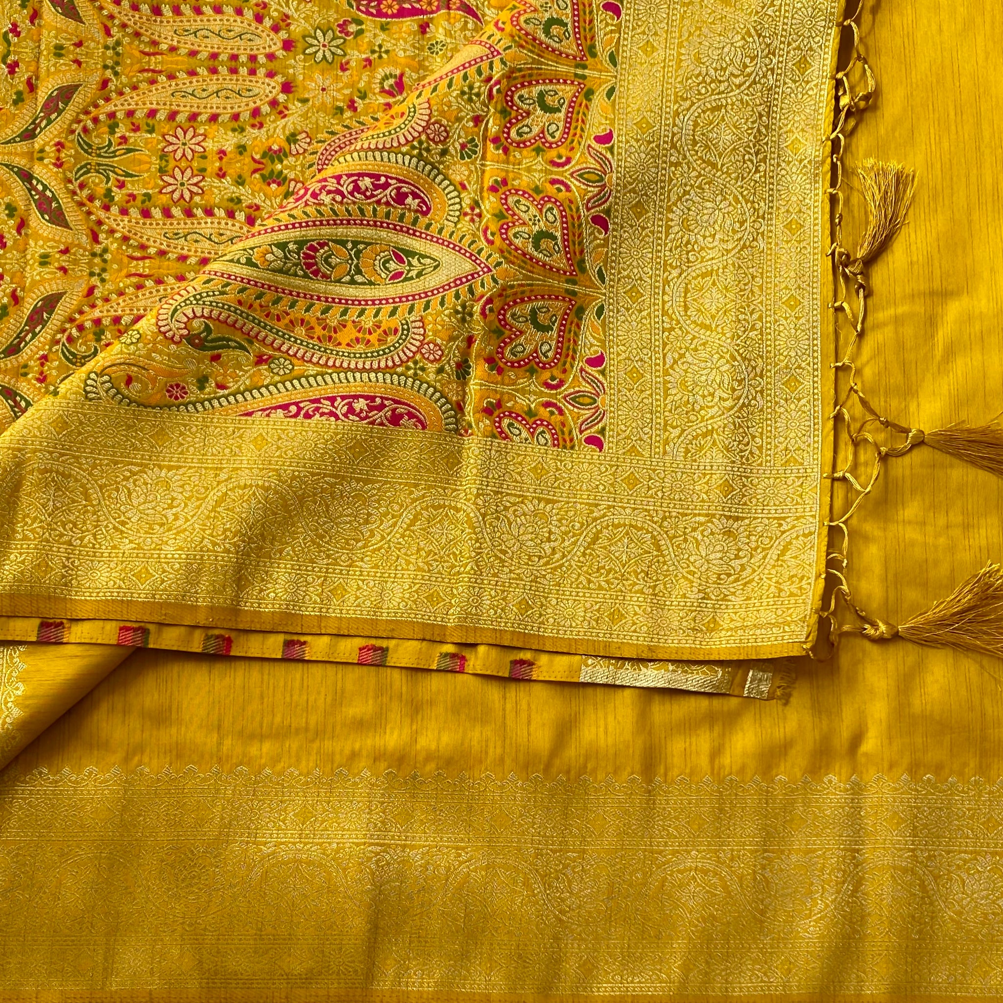 Mustard Woven Saree With Gold Zari Paisley Pallu For Weddings