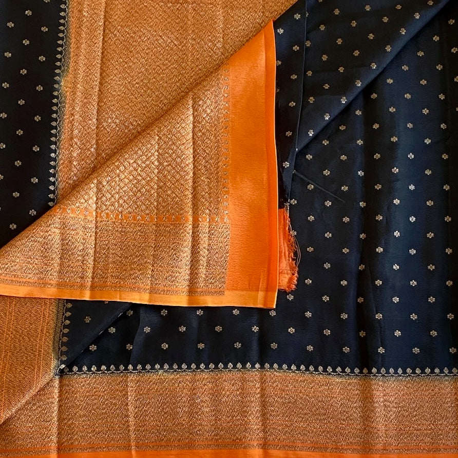 Obsidian Black Banarasi Soft Crepe Silk with Rust Orange Stunner