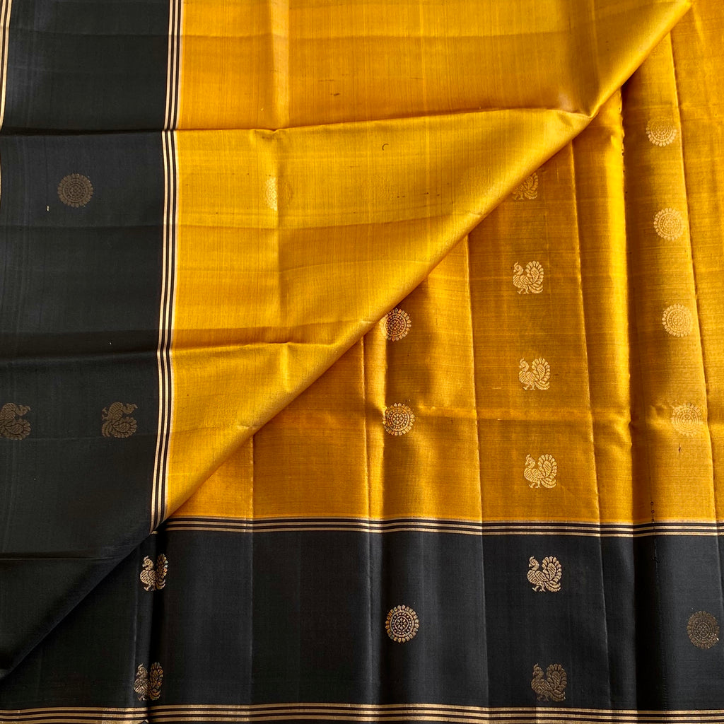 Mustard Gold Designer Pure Silk Saree With Jet Black Contrast