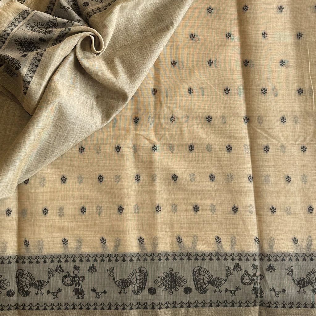 Beige Slate Grey Folk Print Saree With Tassel Border Handloom