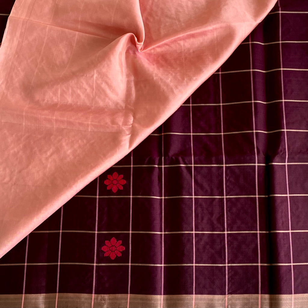 Deep Plum Designer Pure Silk Saree With Peach Pink Pallu