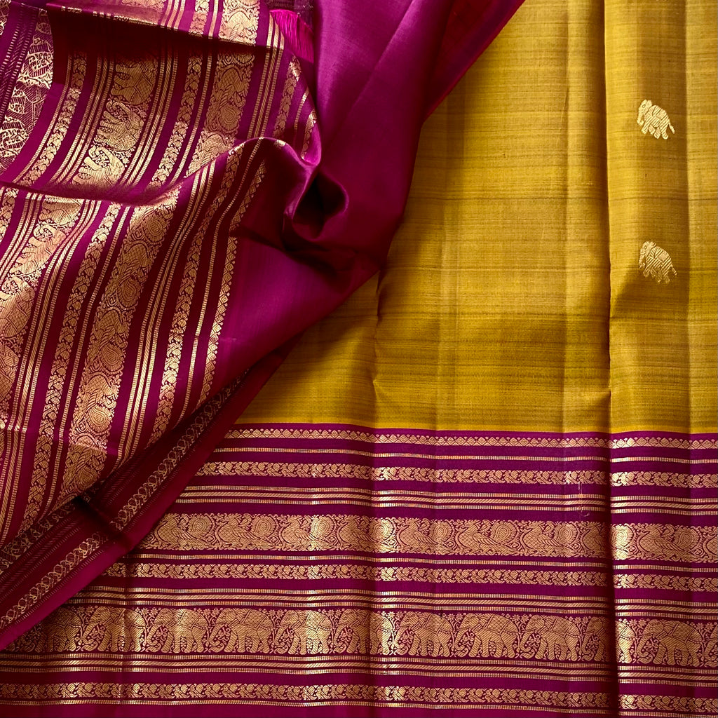 Classic Mustard With Magenta Pure Zari Kanjeevaram Deer & Elephant Motifs
