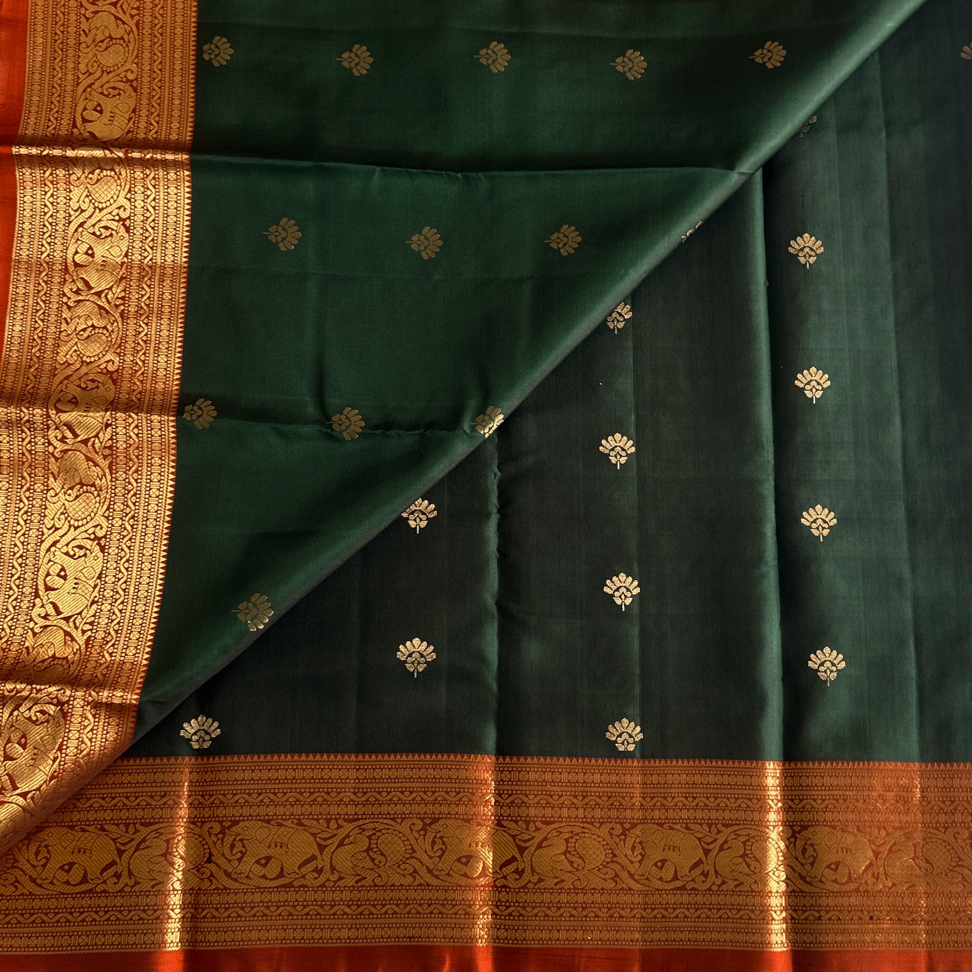Deep bottle green Saree Burnt Orange Pallu Gold Brocade Border