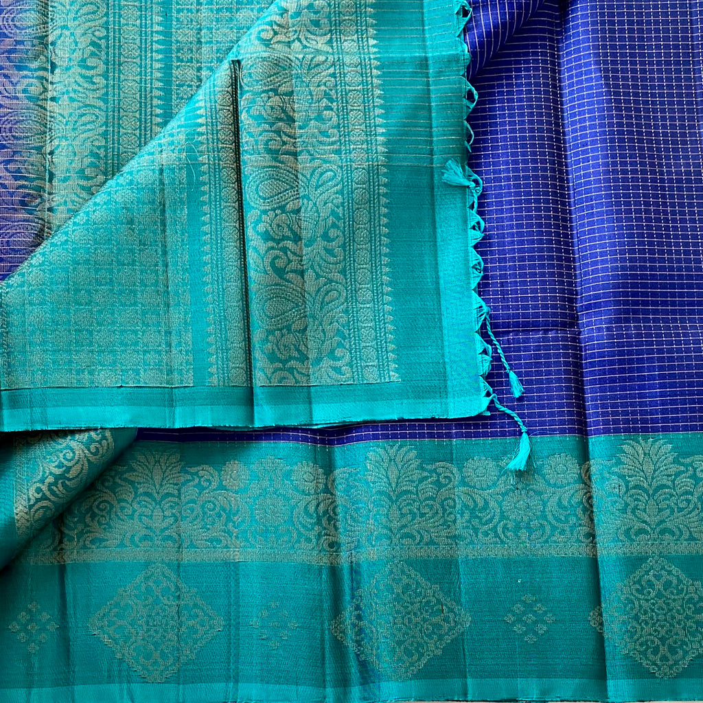 Royal Blue Designer Pure Silk Saree With Turquoise Pallu