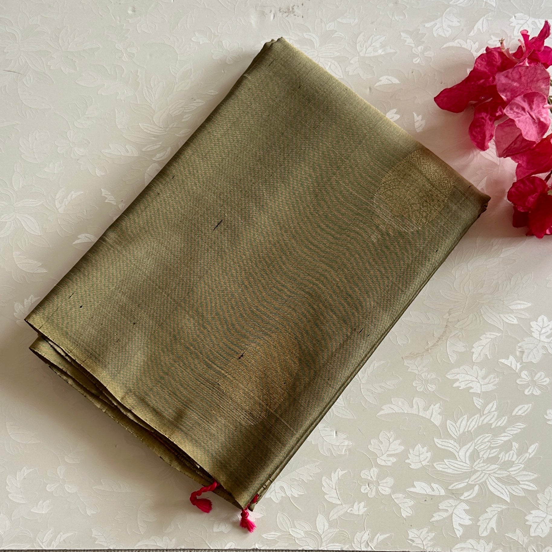 Greyish Sage Fuchsia Olive Silk Saree Antique Gold Brocade Festive Traditional Wear