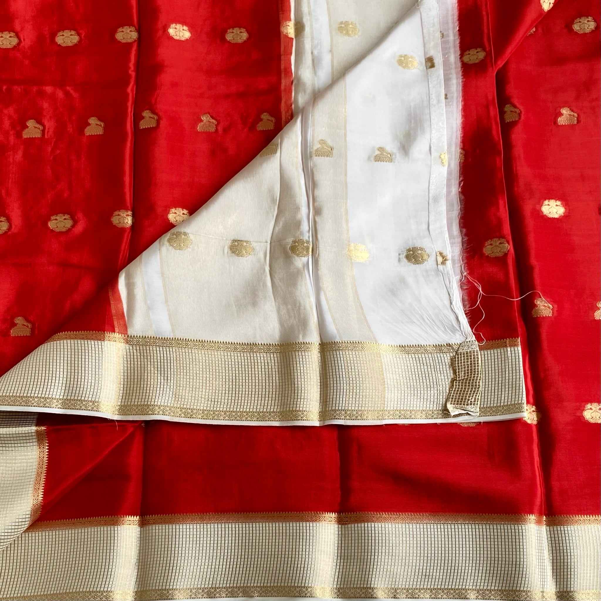 Crimson Red Soft Satin Crepe Silk Saree With Ivory Pallu