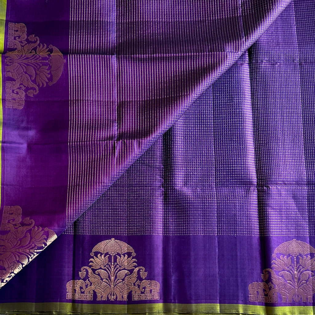Royal Purple Silk Saree Rose Gold Zari Elephant Border Traditional