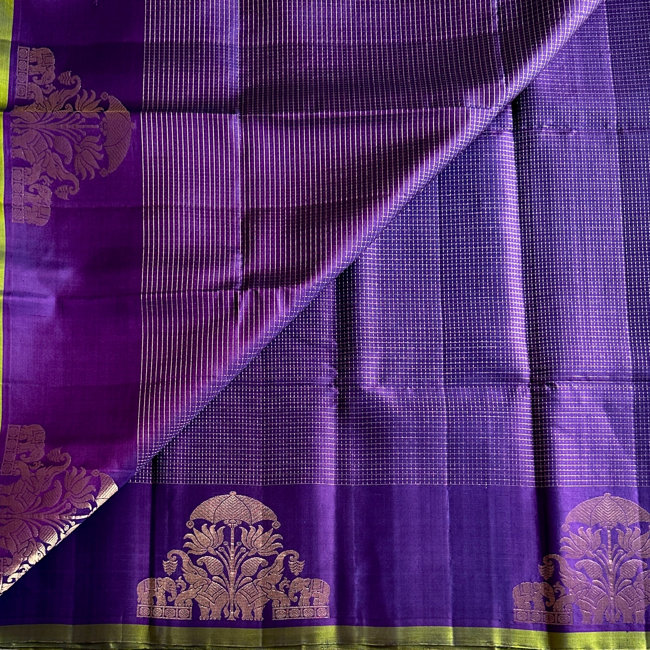 Royal Purple Silk Saree Rose Gold Zari Elephant Border Traditional