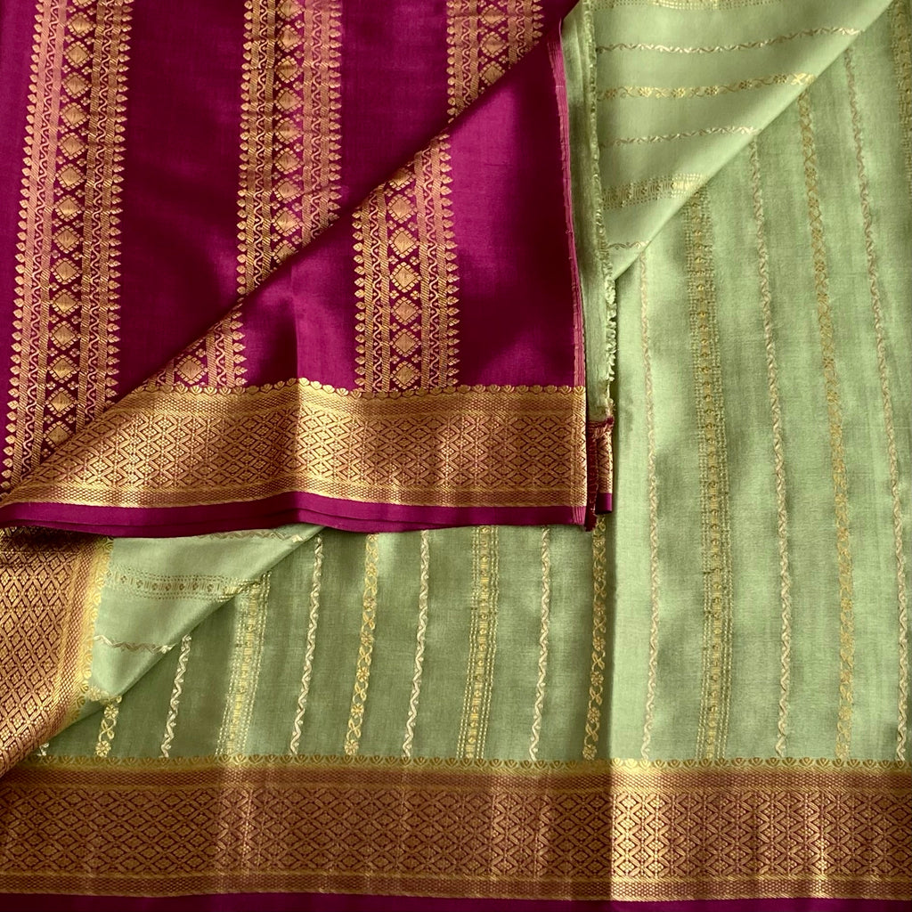 Dreamy Sage Green With Rich Magenta Designer Pure Mysore Crepe Silk