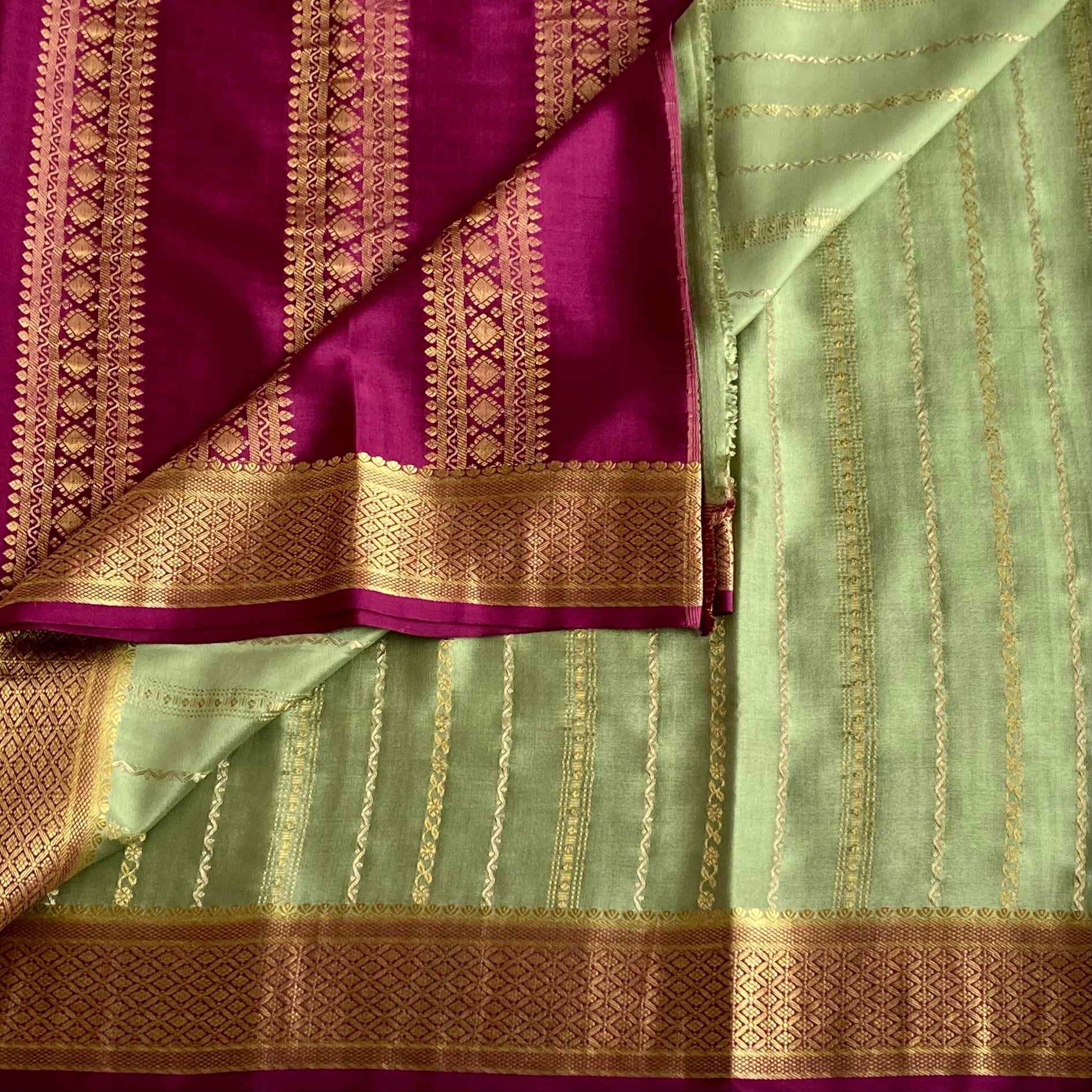Dreamy Sage Green With Rich Magenta Designer Pure Mysore Crepe Silk