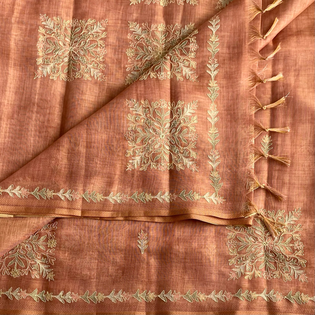 Terracotta Rust Soft Embroidered Linen Saree With Antique Gold Leaf Border