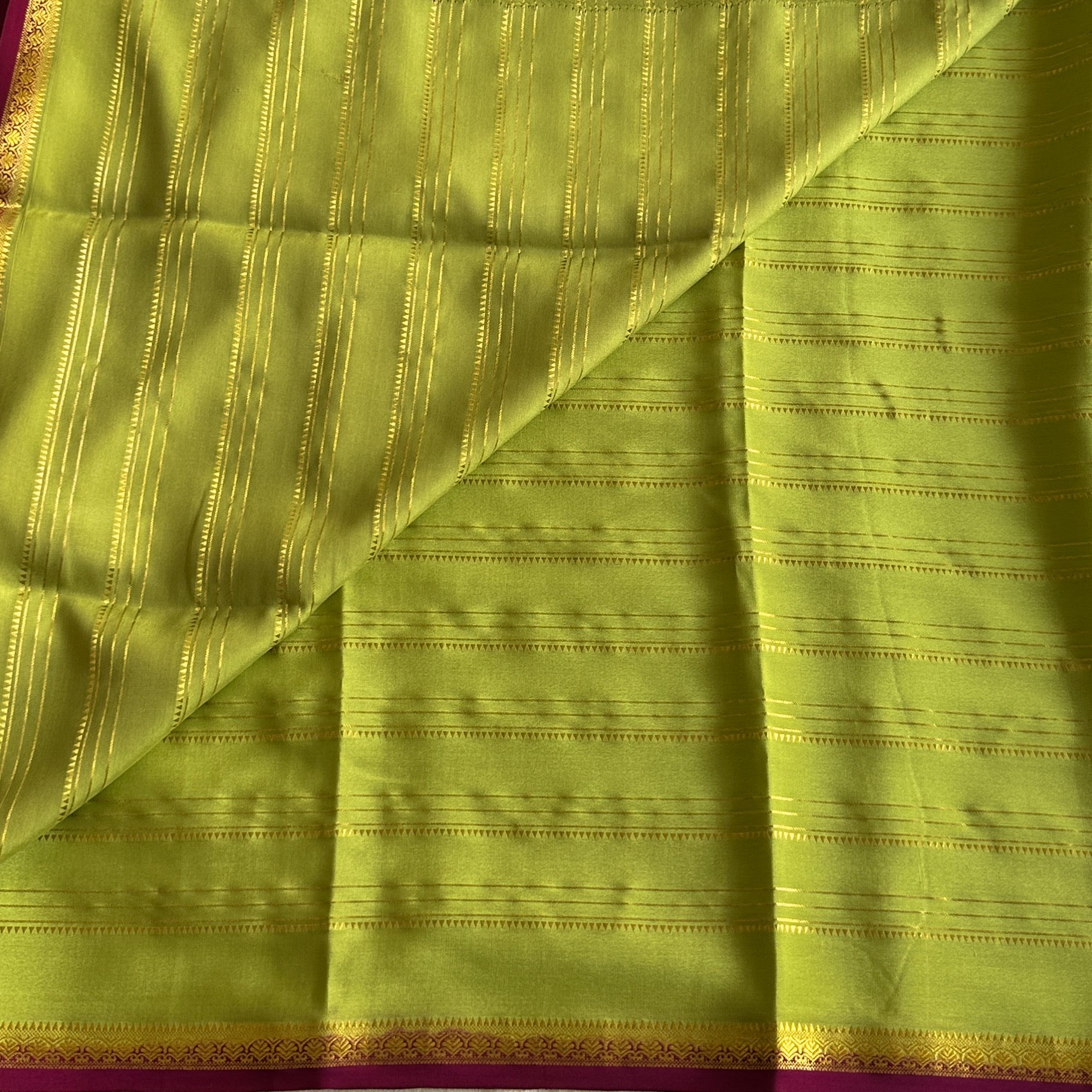 Chartreuse Zari Striped Saree with Magenta Gold Border Festive Wear