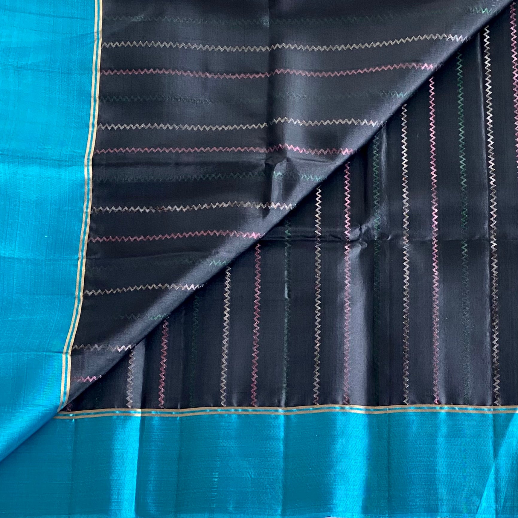 Jet Black Designer Pure Silk Saree With Teal Pallu And Gold Zari