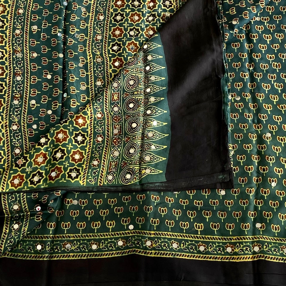 Ajrakh Handblock Printed Silk Forest Green Saree With Mustard Yellow Border