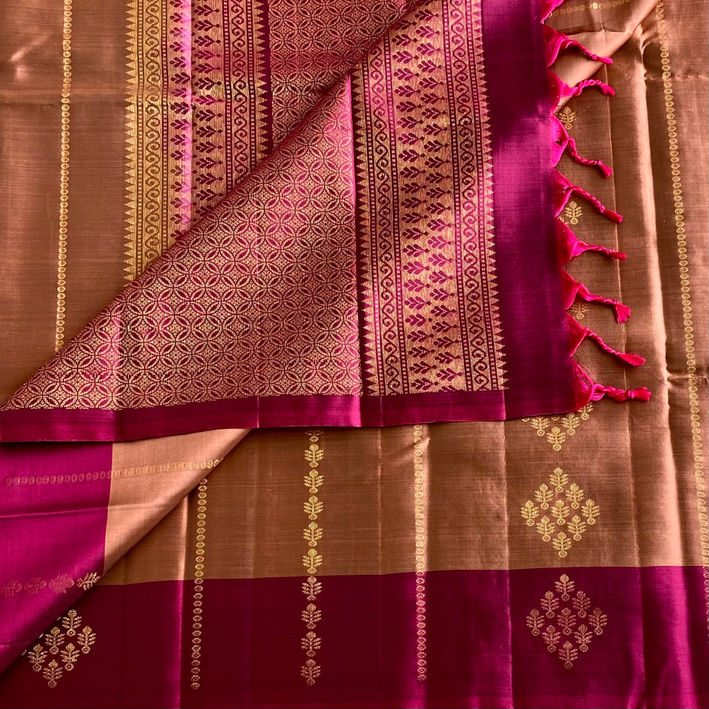 Copper Brown Designer Pure Silk With Deep Magenta Pallu