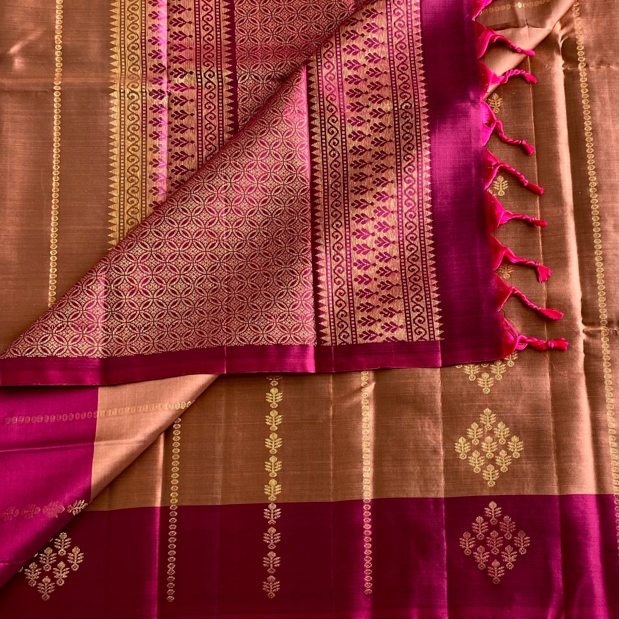 Copper Brown Designer Pure Silk With Deep Magenta Pallu