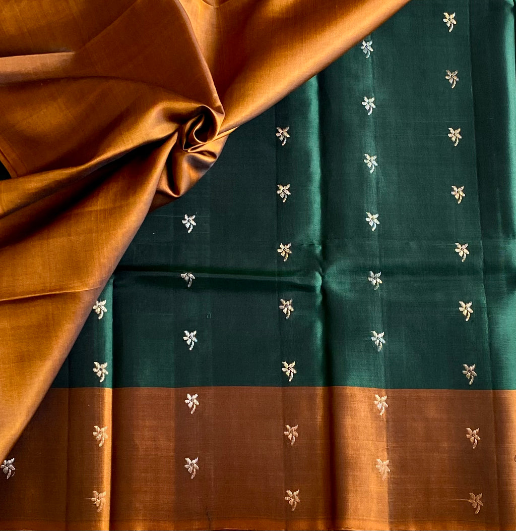Emerald Green Silk Saree Rust mix Copper Pallu Antique Gold Woven Buti