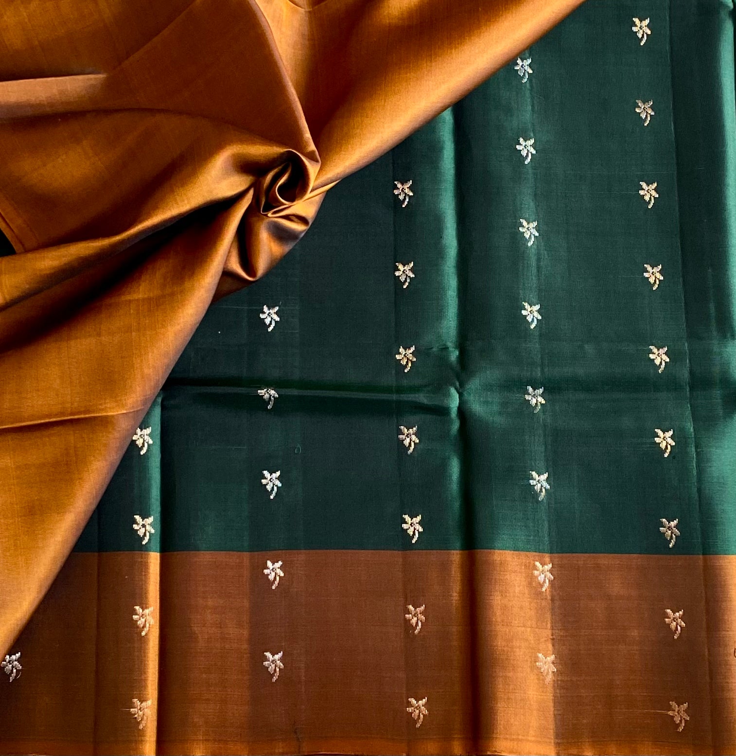 Emerald Green Silk Saree Rust mix Copper Pallu Antique Gold Woven Buti