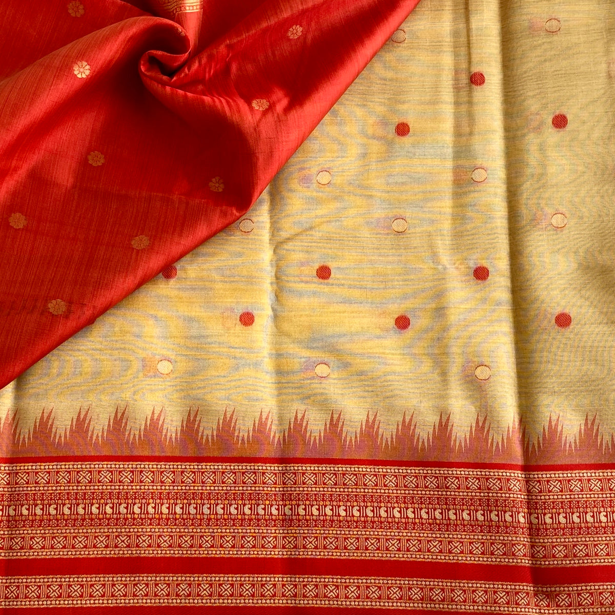 Golden Beige & Crimson Red Soft Jute Tussar Saree With Designer Pallu
