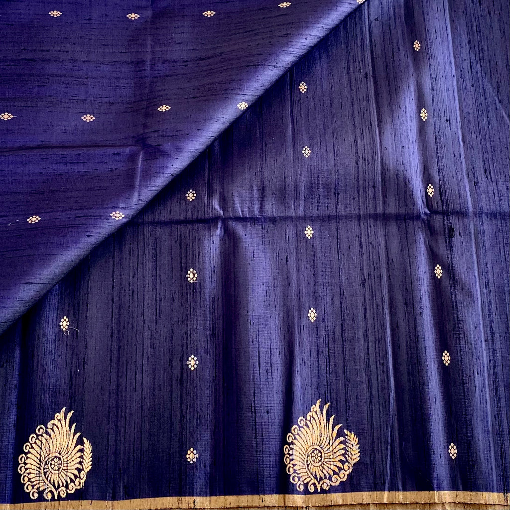 Navy Blue Designer Pure Raw Silk Saree With Golden Yellow Contrast Blouse