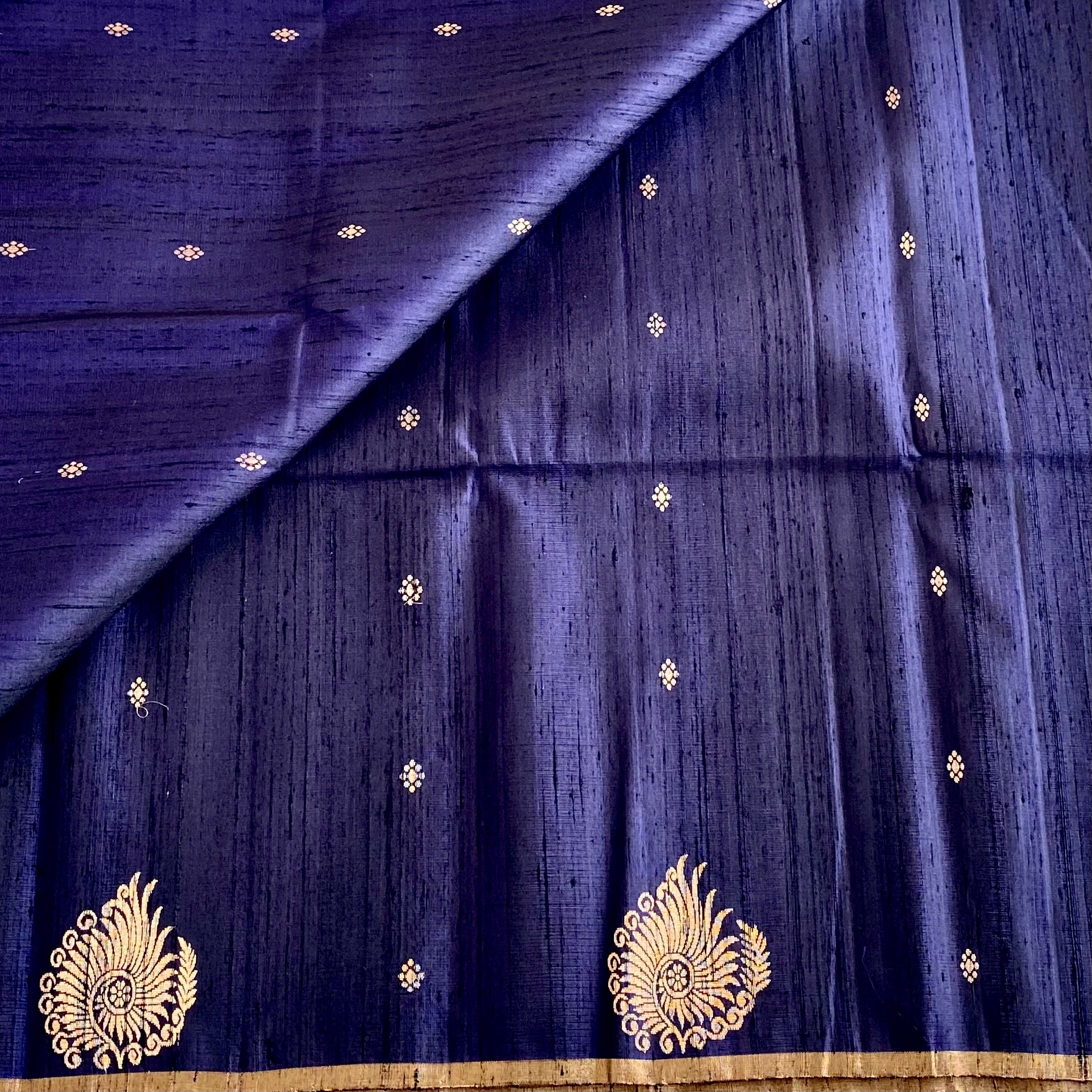 Navy Blue Designer Pure Raw Silk Saree With Golden Yellow Contrast Blouse