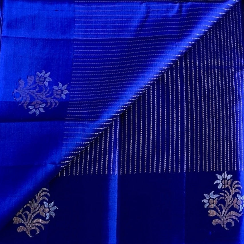 Royal Blue Designer Pure Silk Saree With Champagne Gold Zari