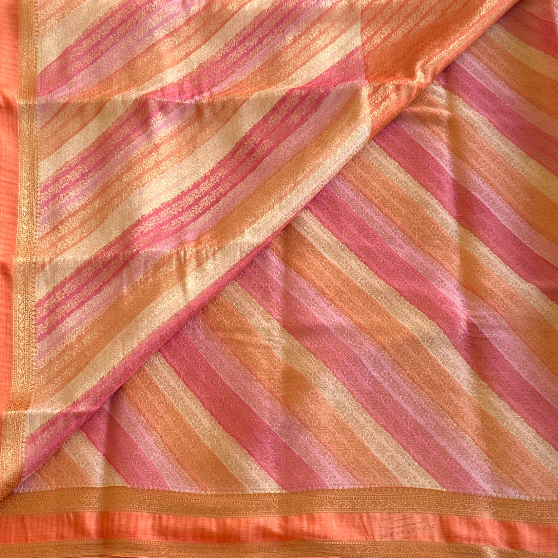 Coral Orange Silk Saree Rose Pink Stripes Gold Brocade Pallu