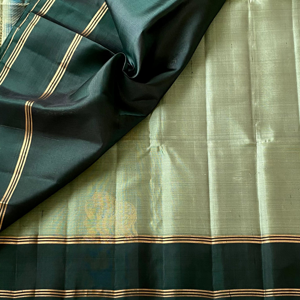 Deep metallic Mint Silk Saree Gold Brocade Pallu Elephant Border