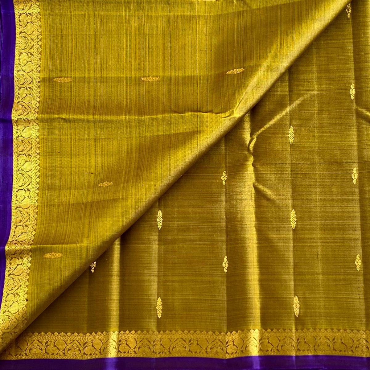 Mustard Gold Kanjeevaram Pure Zari Silk Saree With Royal Purple Border