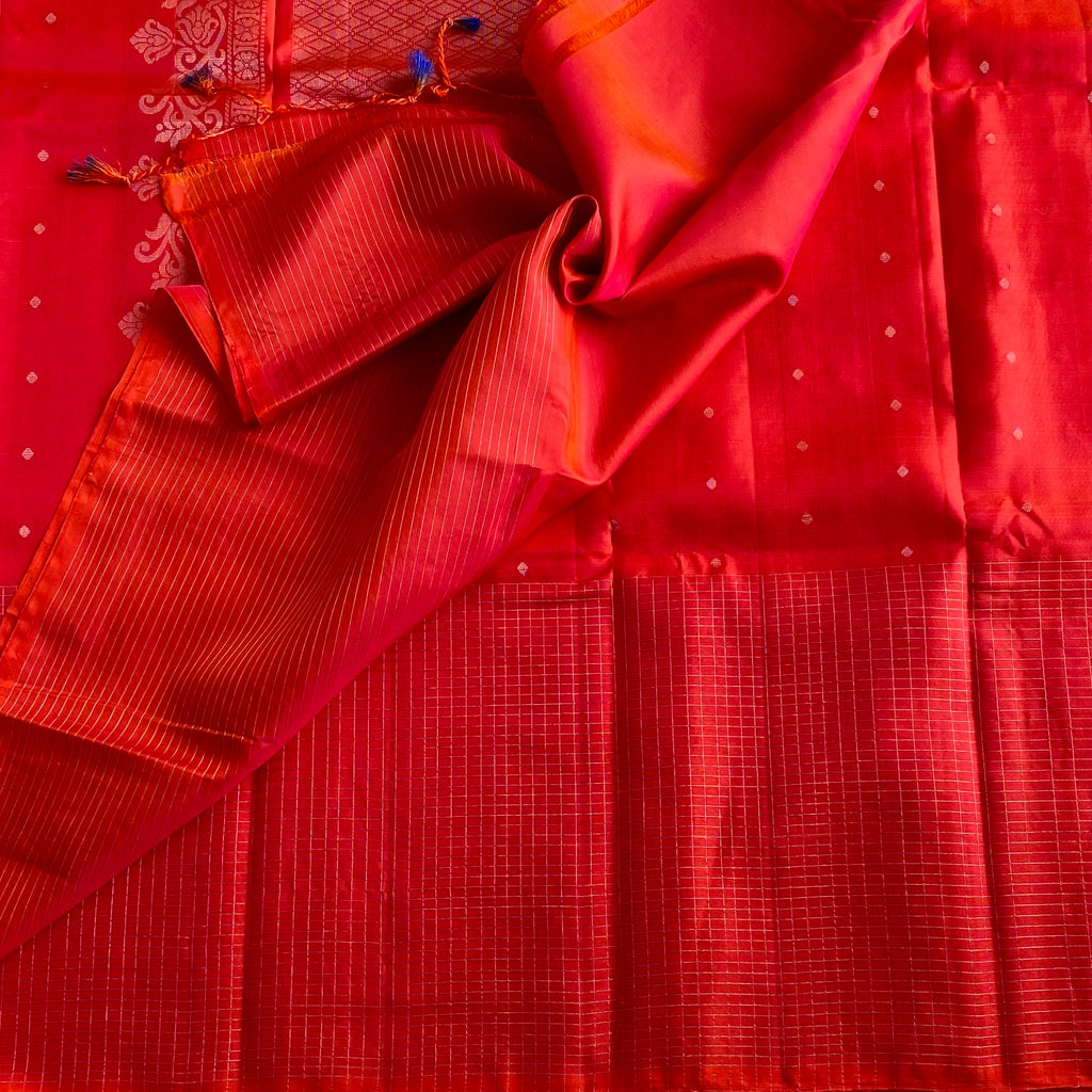 Scarlet Red And Gold Designer Pure Silk Saree With Floral Pallu