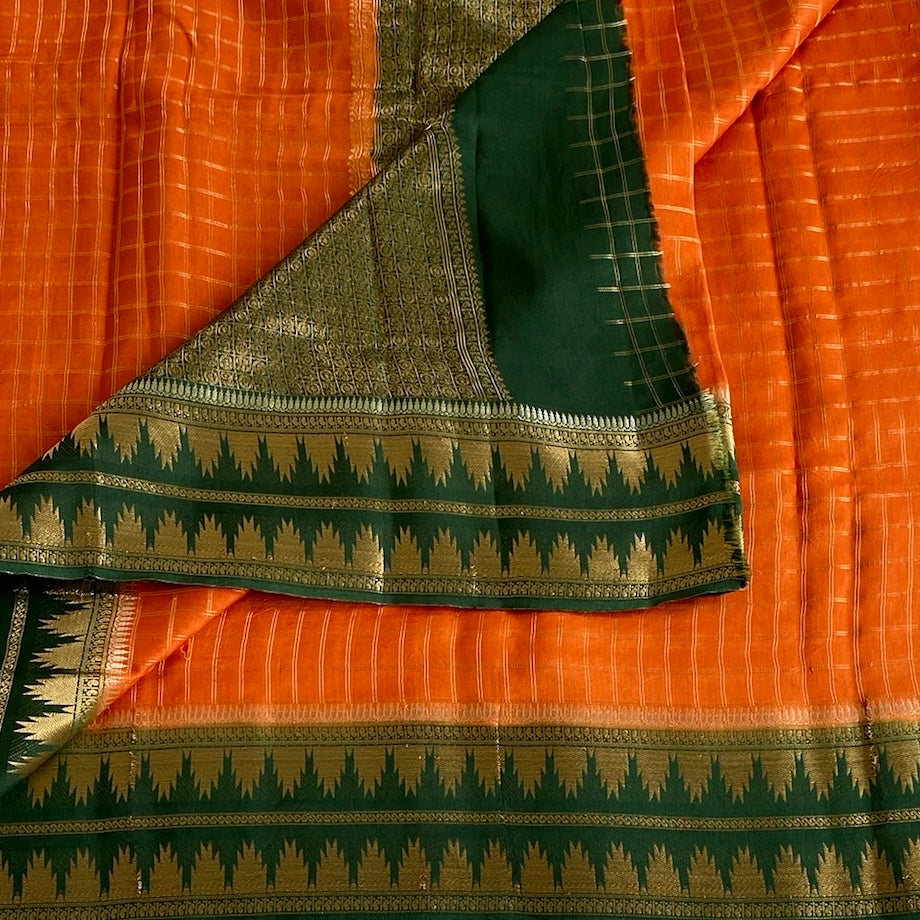 Tangerine Orange Soft Tussar Silk Saree With Bottle Green Pallu