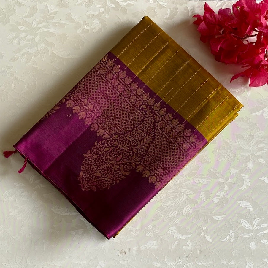 Mustard Gold Designer Pure Silk With Rich Magenta Contrast